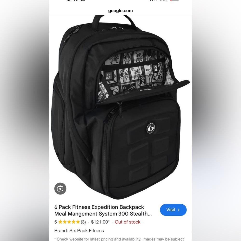 Six Pack Fitness, Black, Men's Backpack with Meal Compartment